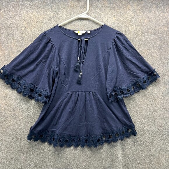Boden Tops - Boden Blouse Womens 6 Navy Blue Cotton Eyelet Lace Trim Boho Peasant Top